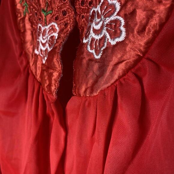 Kelly Reed Nylon Vintage Pajama Lounge Top Blouse Red Embroidered Large - Picture 8 of 12